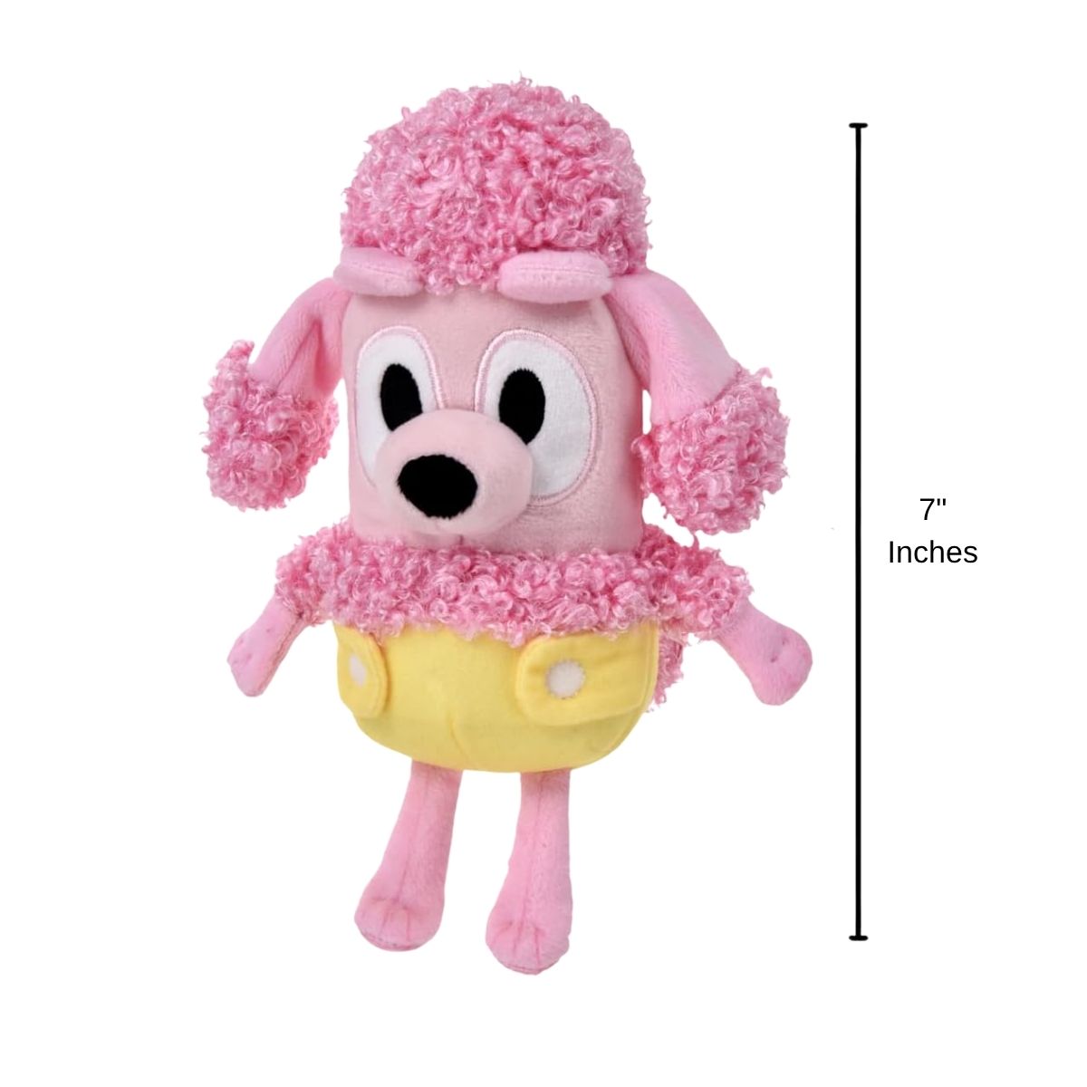 Bluey Friends Baby Coco stuffed animal plush with 7-inch height scale measurement graphic.