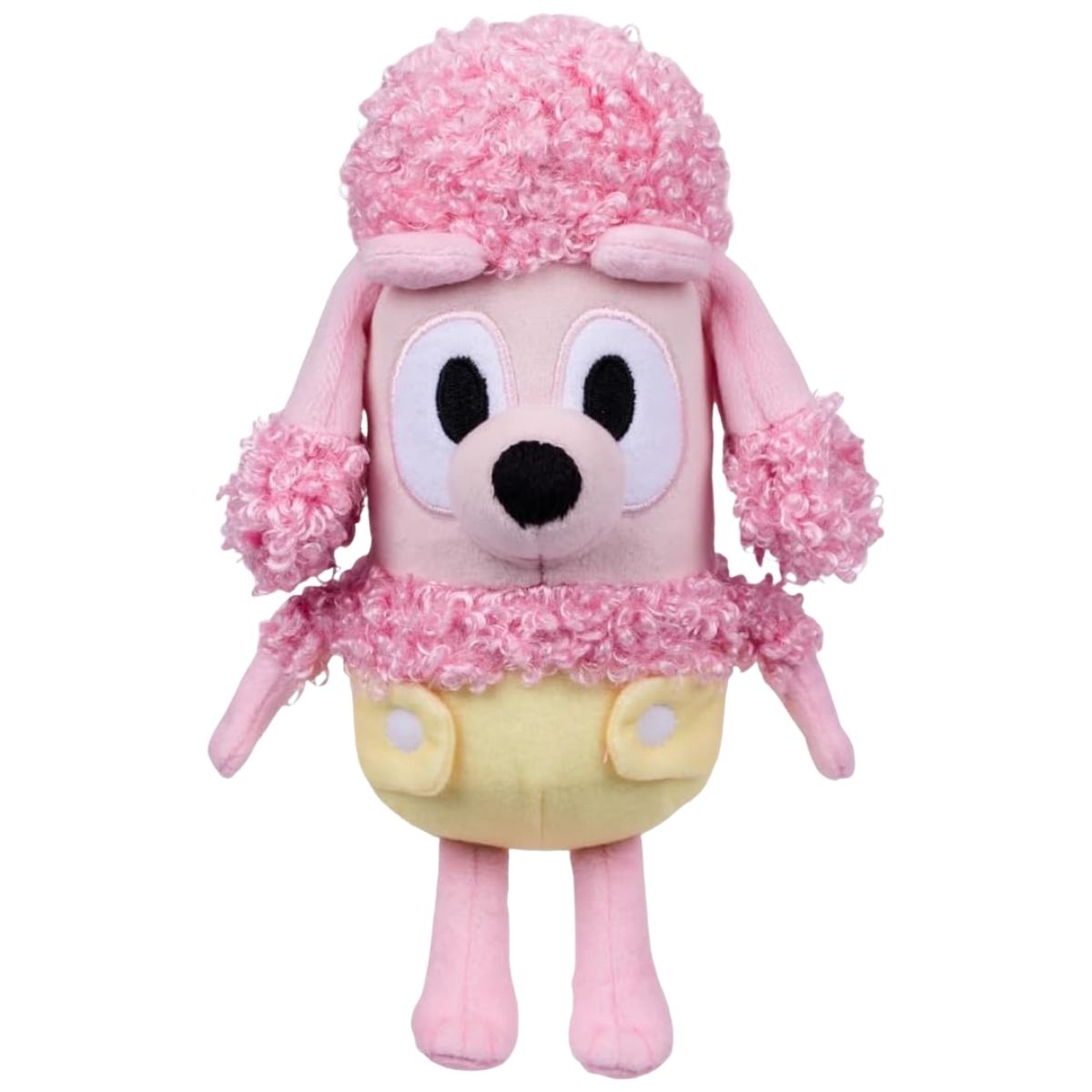 Front view of Bluey Friends Baby Coco 7-inch stuffed animal plush in yellow diaper.