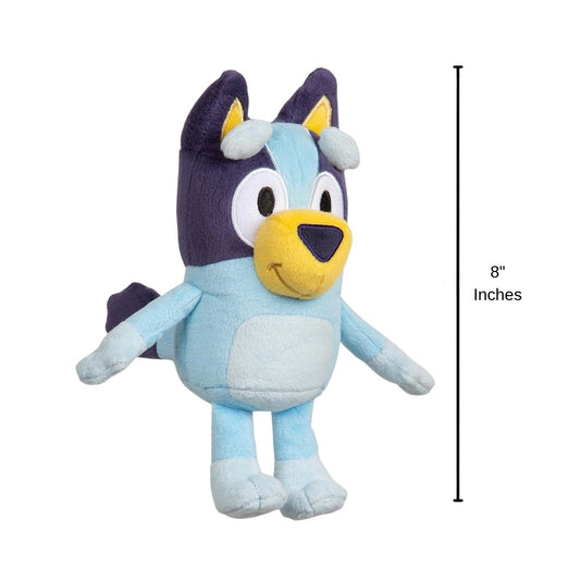 Three-quarter standing view of Bluey 8-inch stuffed animal plush with 8-inch height scale indicator.