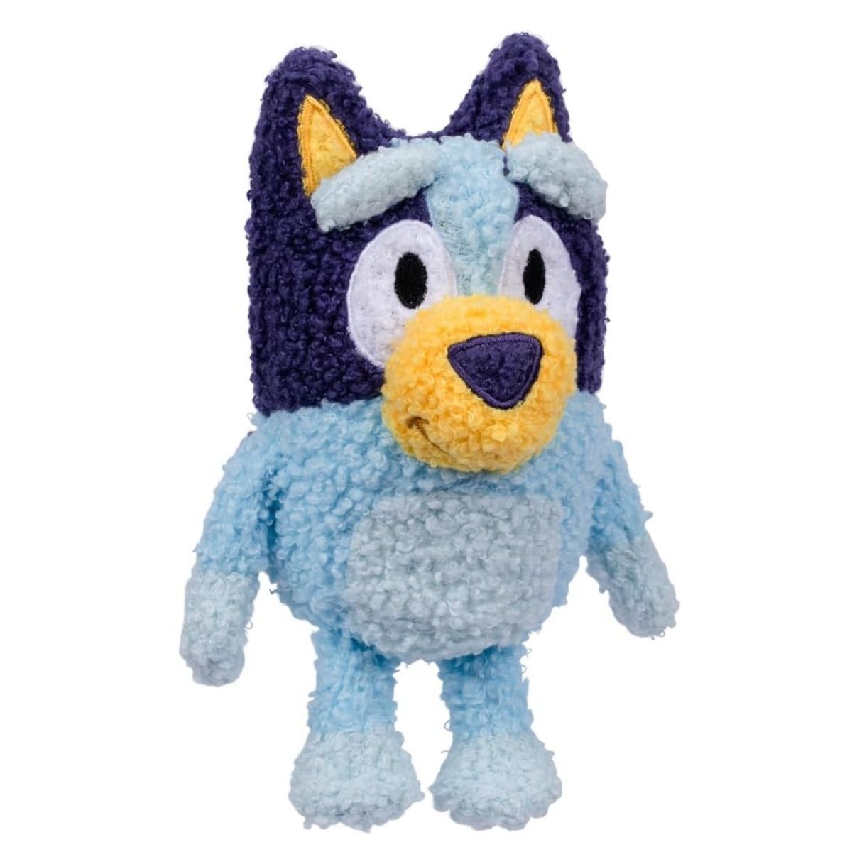 Three-quarter standing view of Fuzzy Bluey 8-inch stuffed animal plush showing textured fleece.
