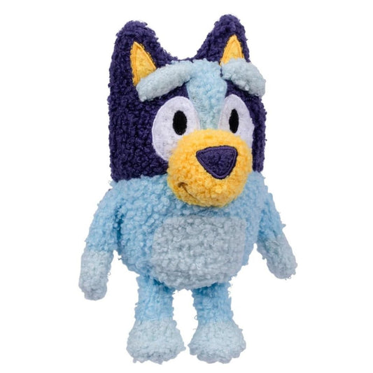 Three-quarter standing view of Fuzzy Bluey 8-inch stuffed animal plush showing textured fleece.
