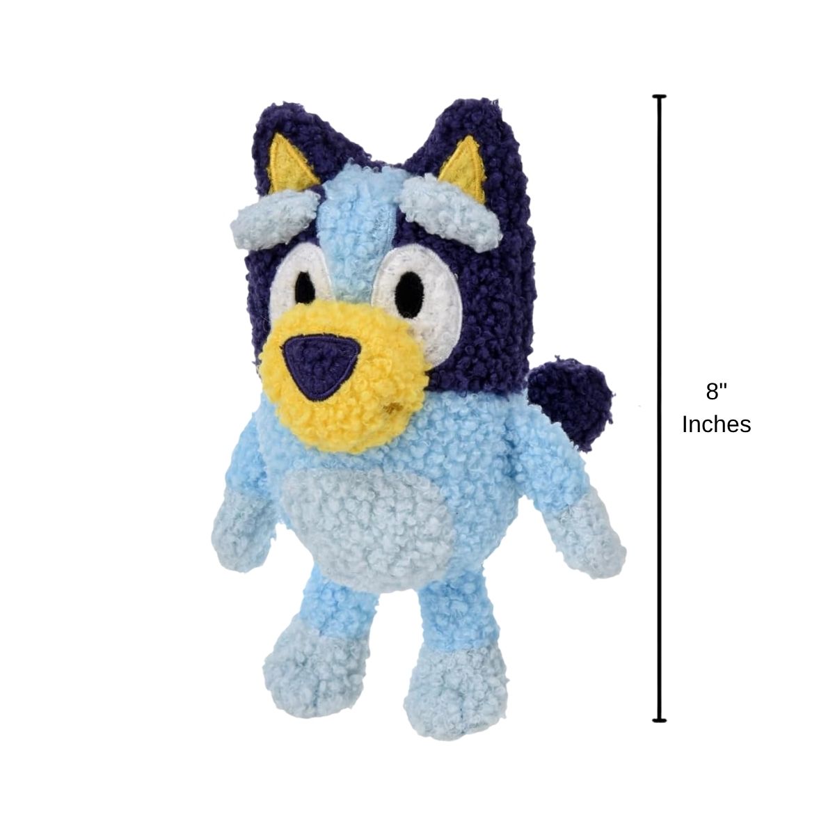 Bluey Friends Fuzzy Bluey stuffed animal plush with 8-inch height scale measurement graphic.
