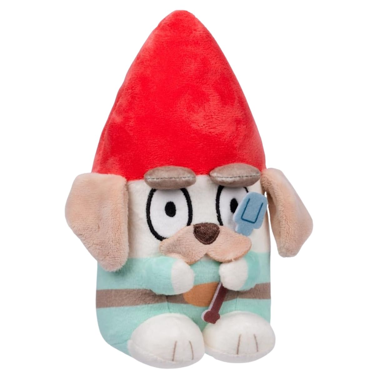 Three-quarter angle view of Bluey garden gnome plush showing pointed red hat and striped tunic.