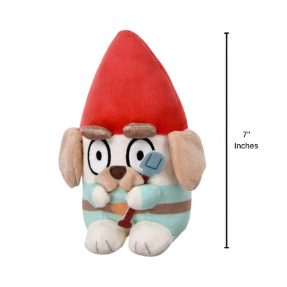 Bluey garden gnome stuffed animal plush with 7-inch height scale measurement graphic.