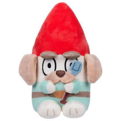 Front view of Bluey Friends 7-inch garden gnome stuffed animal plush holding a blue shovel.