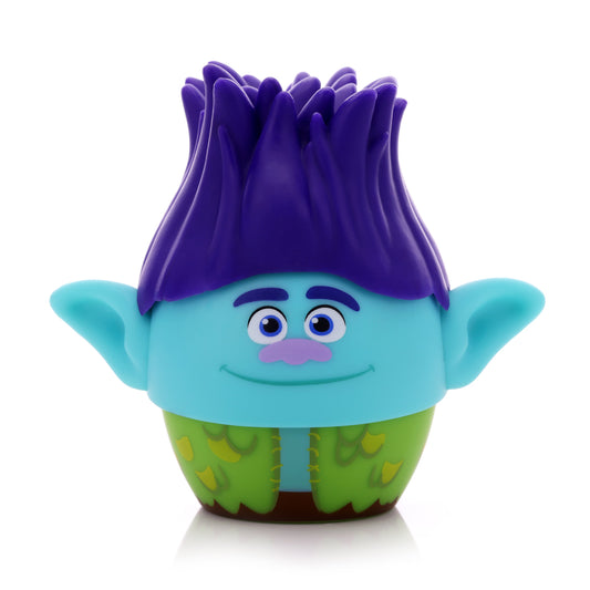 Front view of the Bitty Boomers DreamWorks Trolls Branch mini Bluetooth speaker featuring his signature wild purple hair, blue face, big ears, and green patchwork vest.
