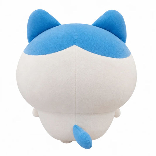 Back view of Chiikawa Hachiware plush showing white body, blue hood pattern, and blue cat tail.