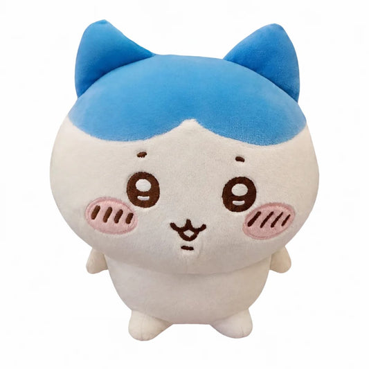 Front seated view of Chiikawa Hachiware 8-inch plush figure with blue ears, split markings, and embroidered smile.