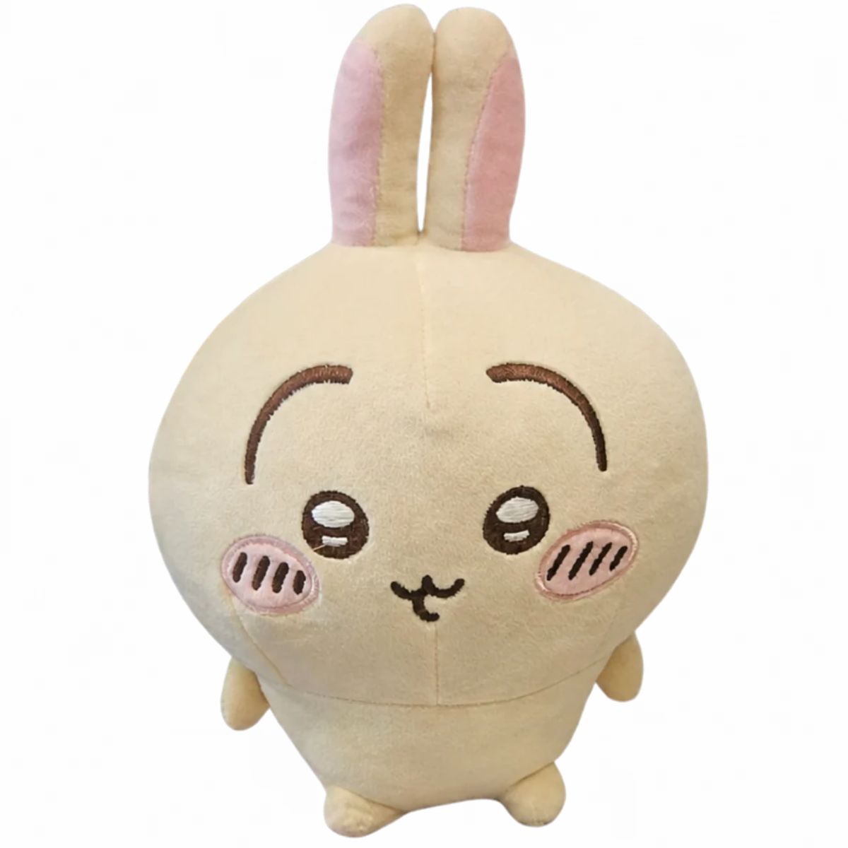 Front seated view of Chiikawa Usagi 8-inch plush figure with cream body, pink-lined ears, and embroidered blushing cheeks.
