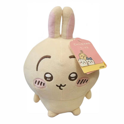 Front view of Chiikawa Usagi plush featuring official illustrated character hangtag on ear.
