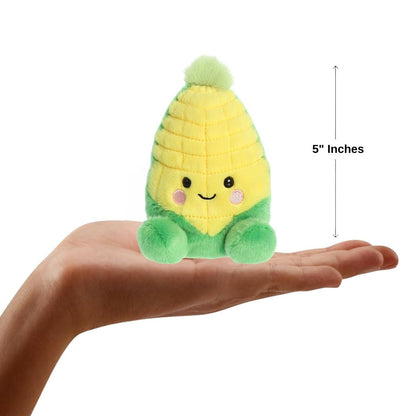 Plush corn toy held in a hand with a measurement label indicating 5 inches.