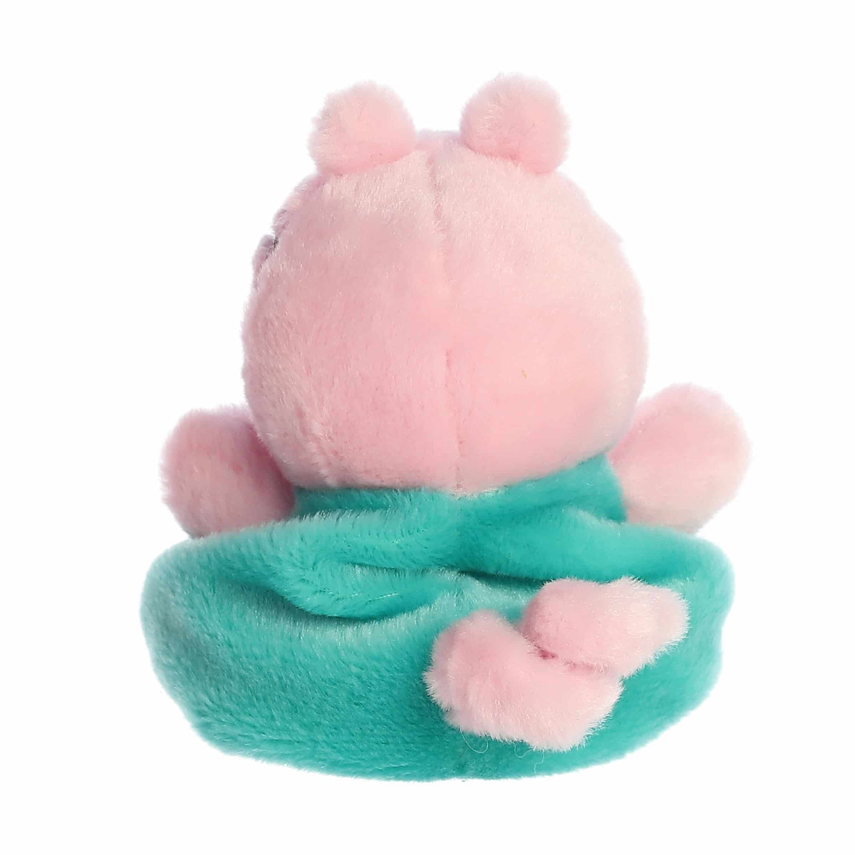 Plush toy with pink face and green body on a white background