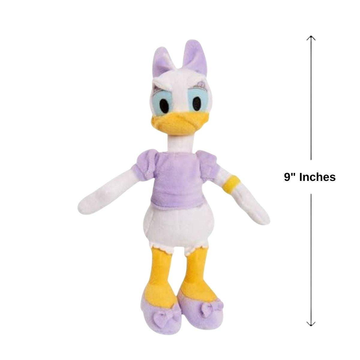 Front view of Daisy Duck plush standing next to a 9-inch height measurement arrow graphic.