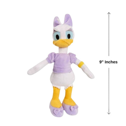 Front view of Daisy Duck plush standing next to a 9-inch height measurement arrow graphic.