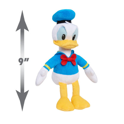 Front view of Donald Duck plush standing next to a 9-inch height measurement arrow graphic.