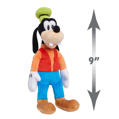 Front view of Goofy plush standing next to a 9-inch height measurement arrow graphic.
