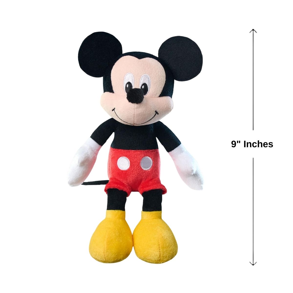 Front view of Mickey Mouse plush standing next to a 9-inch height measurement arrow graphic.