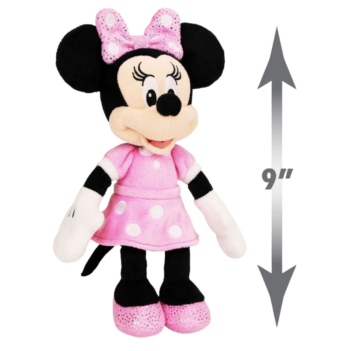 Front view of Minnie Mouse plush standing next to a 9-inch height measurement arrow graphic.