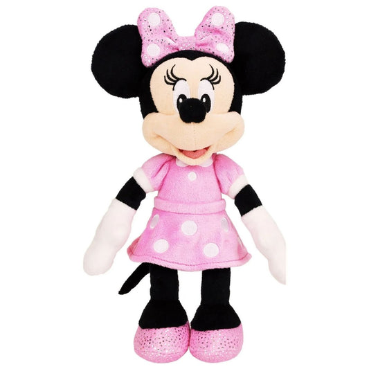 Disney Junior Minnie Mouse 9-inch bean plush stuffed animal toy wearing pink polka dot dress and bow.