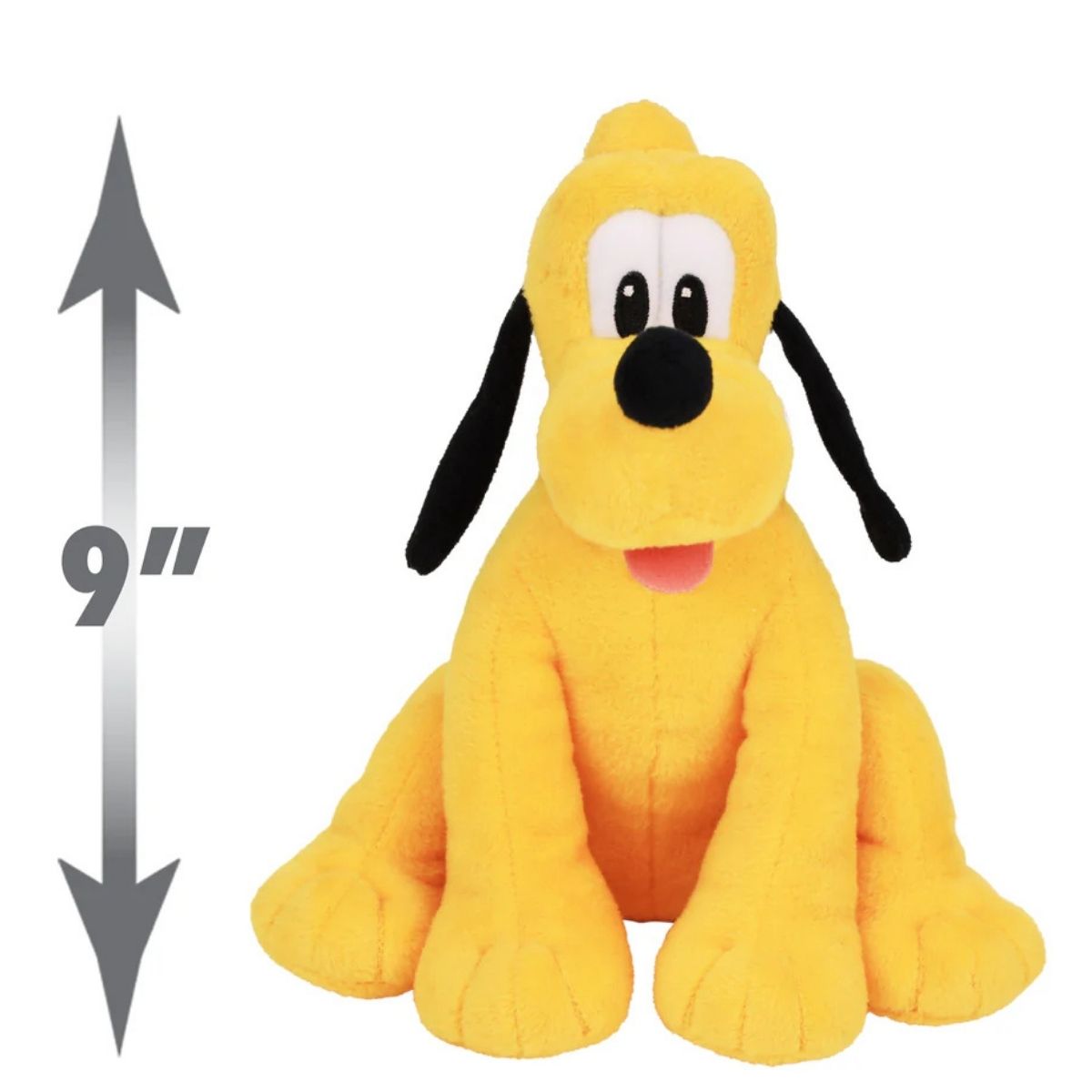 Front view of Pluto plush sitting next to a 9-inch height measurement arrow graphic.