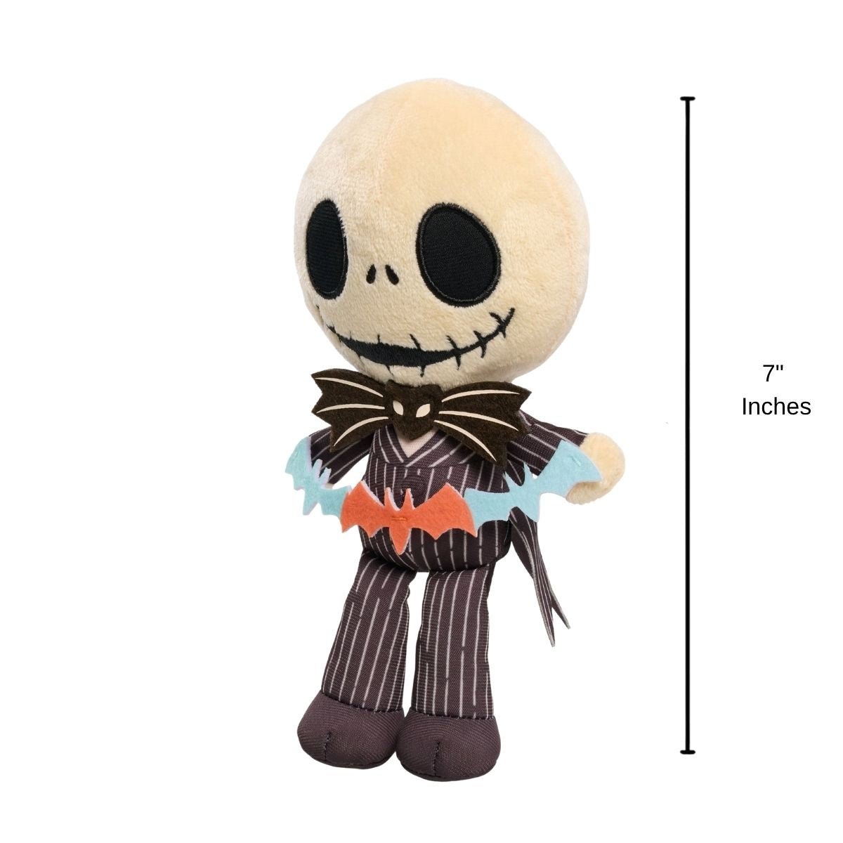 Front view of Disney Halloween Jack Skellington 7-inch mini plush toy with 7-inch height scale indicator.