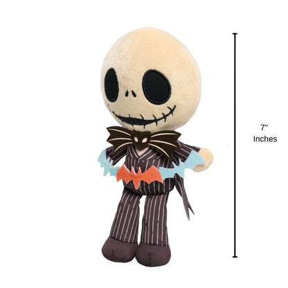 Front view of Disney Halloween Jack Skellington 7-inch mini plush toy with 7-inch height scale indicator.