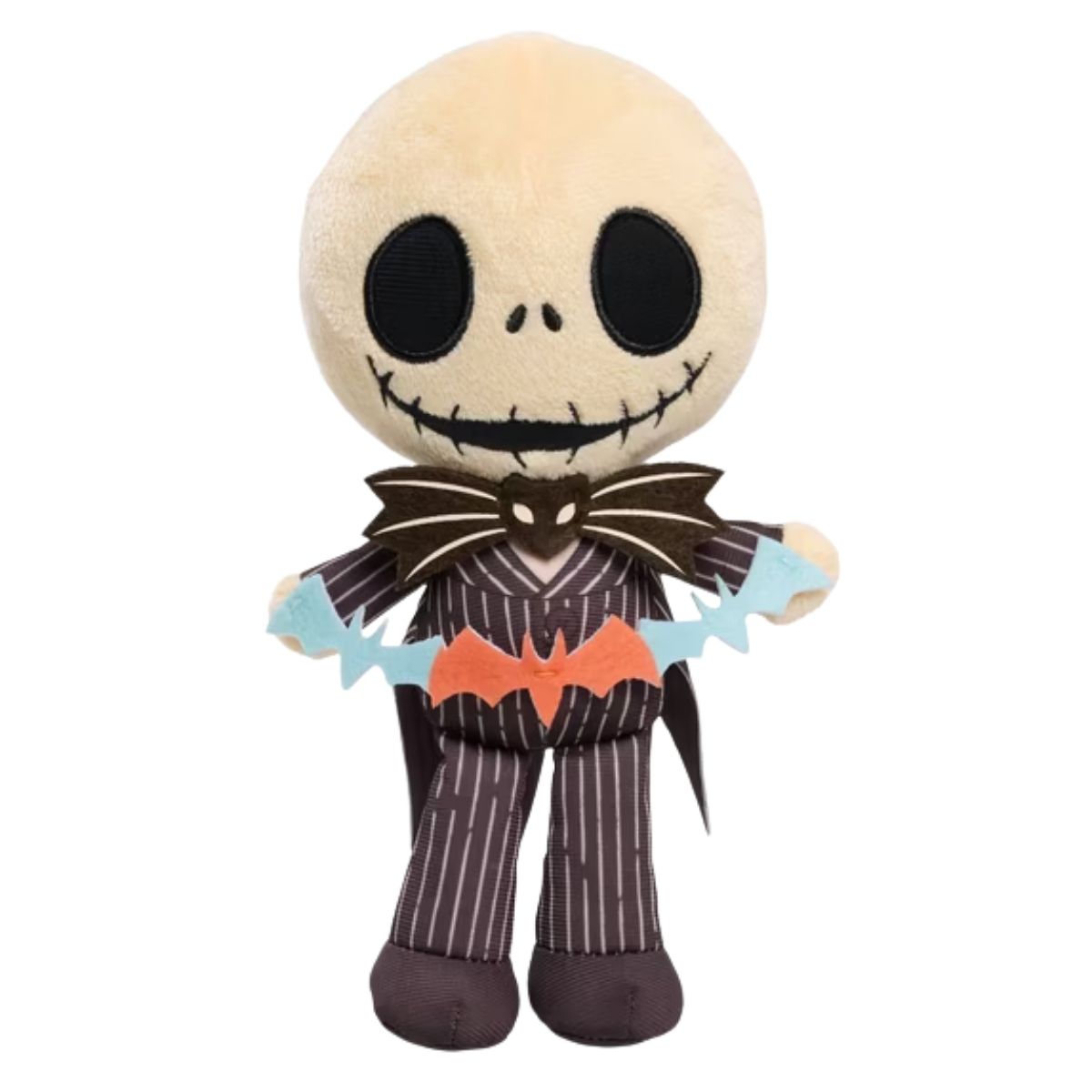 Disney The Nightmare Before Christmas Halloween Jack Skellington 7-inch mini plush stuffed animal toy holding a bat banner.