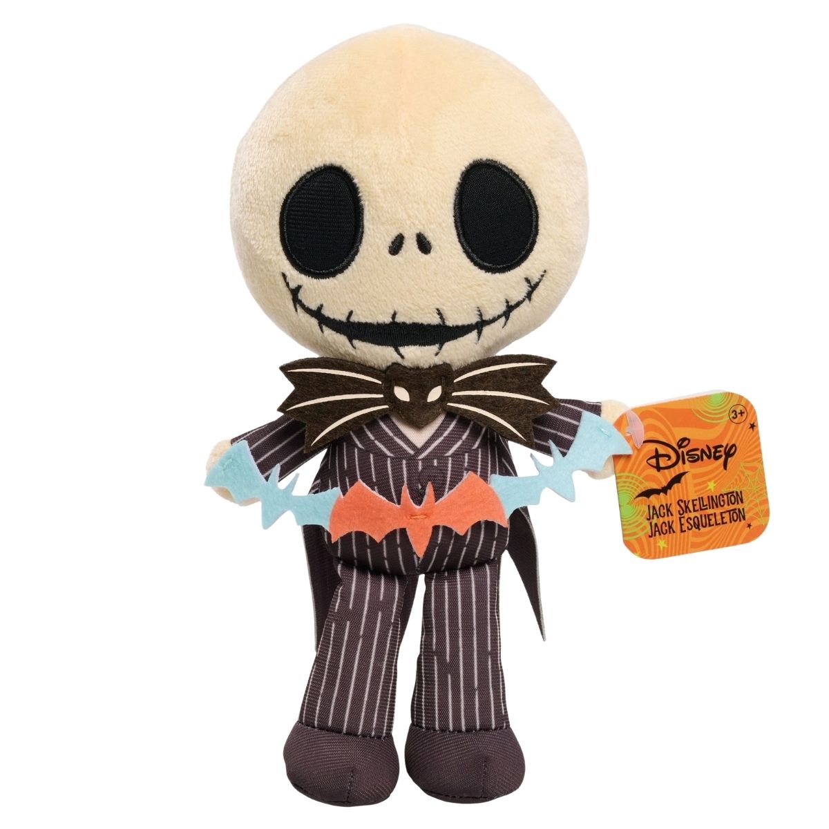 Front view of Disney Jack Skellington 7-inch mini plush holding bat banner with official hang tag attached.