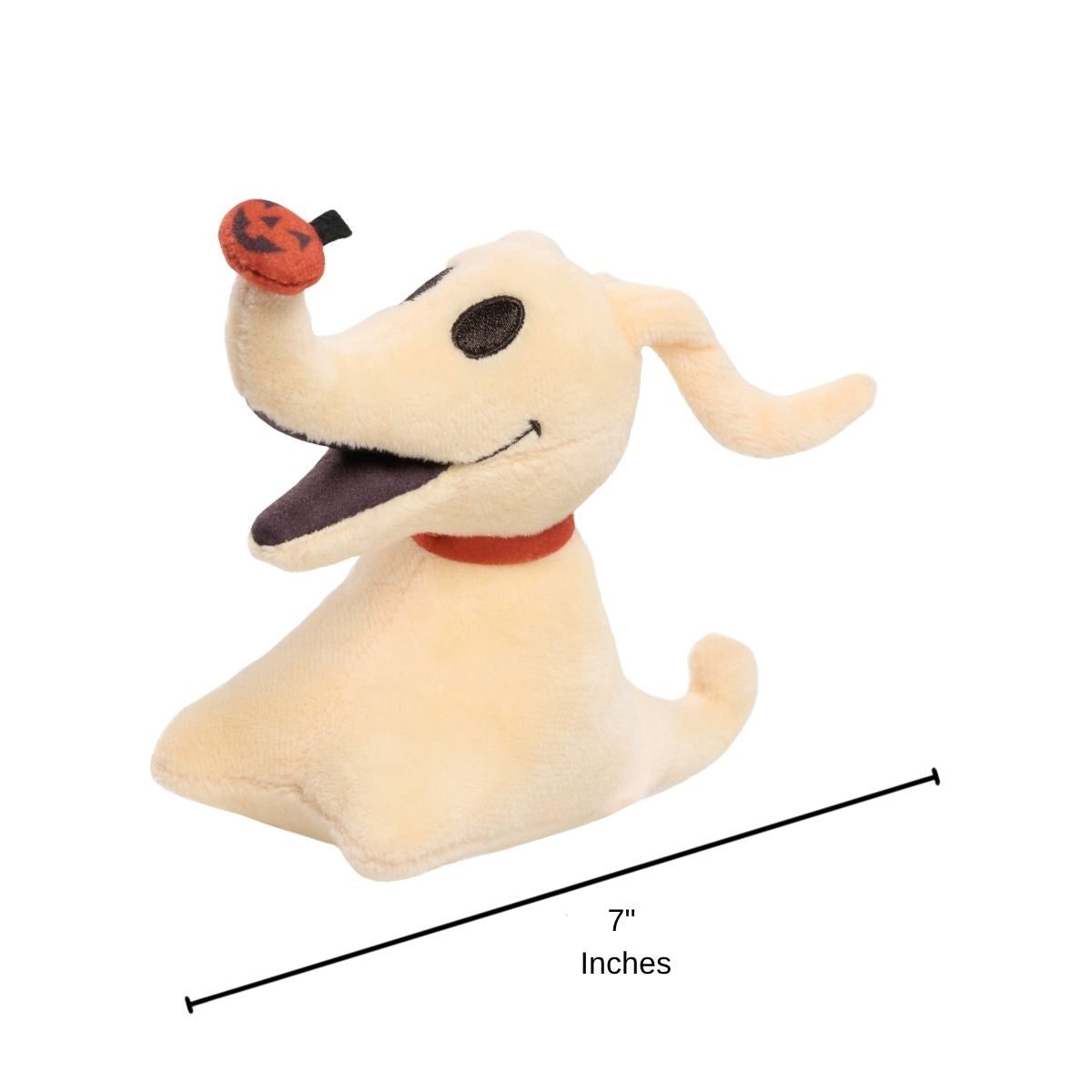 Side profile view of Disney Halloween Zero 7-inch mini plush toy with 7-inch height scale indicator.