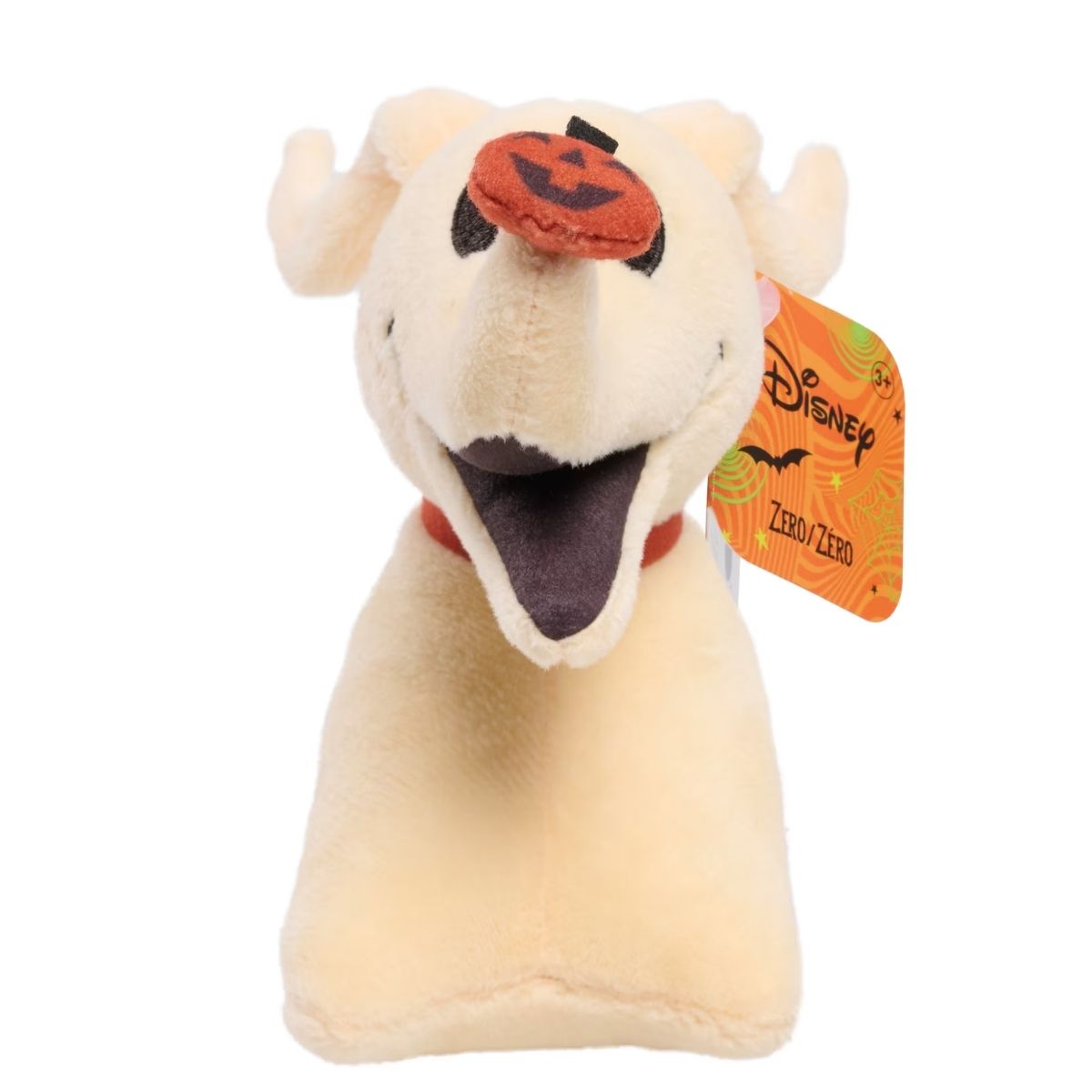 Front view of Disney Zero 7-inch mini plush toy with official Halloween hang tag attached.