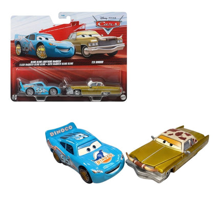 Disney Pixar Cars 1:55 scale die-cast 2-pack featuring Bling Bling Lightning McQueen and Tex Dinoco in packaging and unboxed.