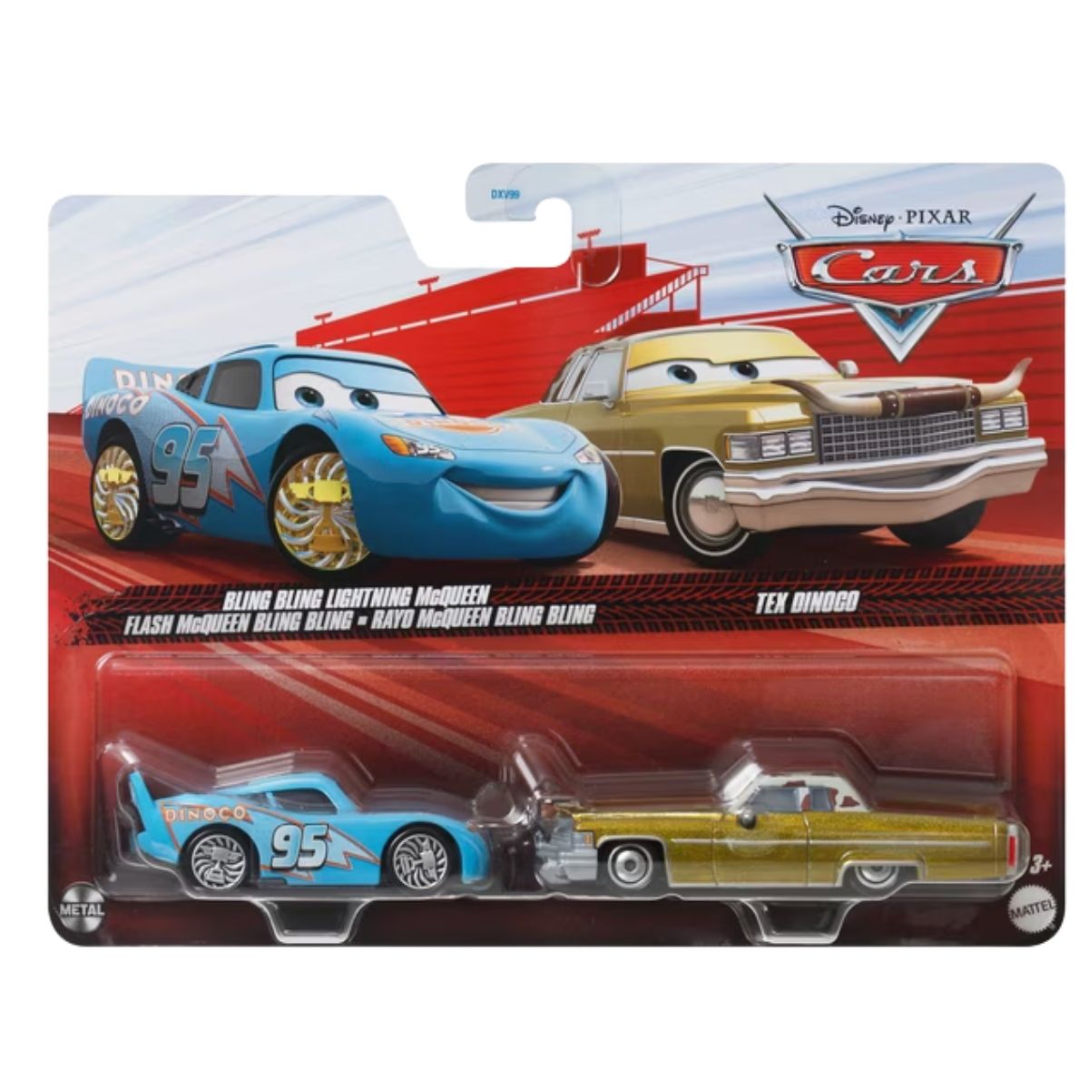 Front view thumbnail of Mattel blister card packaging for Bling Bling Lightning McQueen and Tex Dinoco 2-pack.