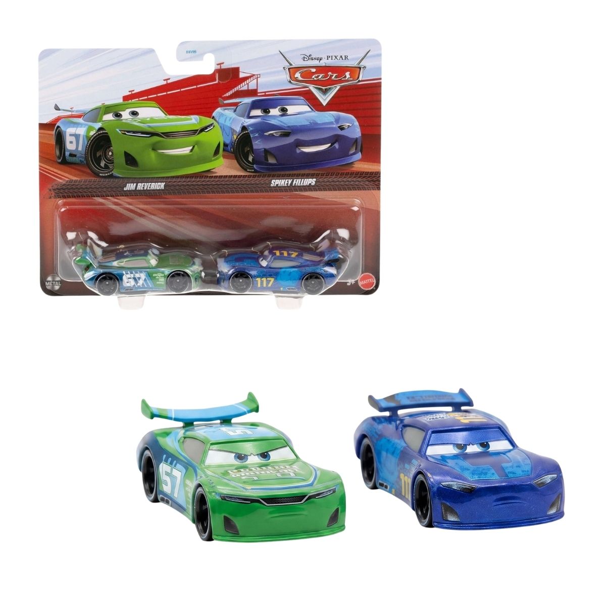 Disney Pixar Cars 1:55 scale die-cast 2-pack featuring Jim Reverick and Spikey Fillups in packaging and unboxed.