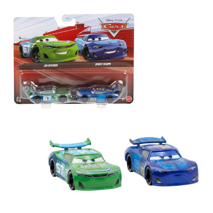 Disney Pixar Cars 1:55 scale die-cast 2-pack featuring Jim Reverick and Spikey Fillups in packaging and unboxed.