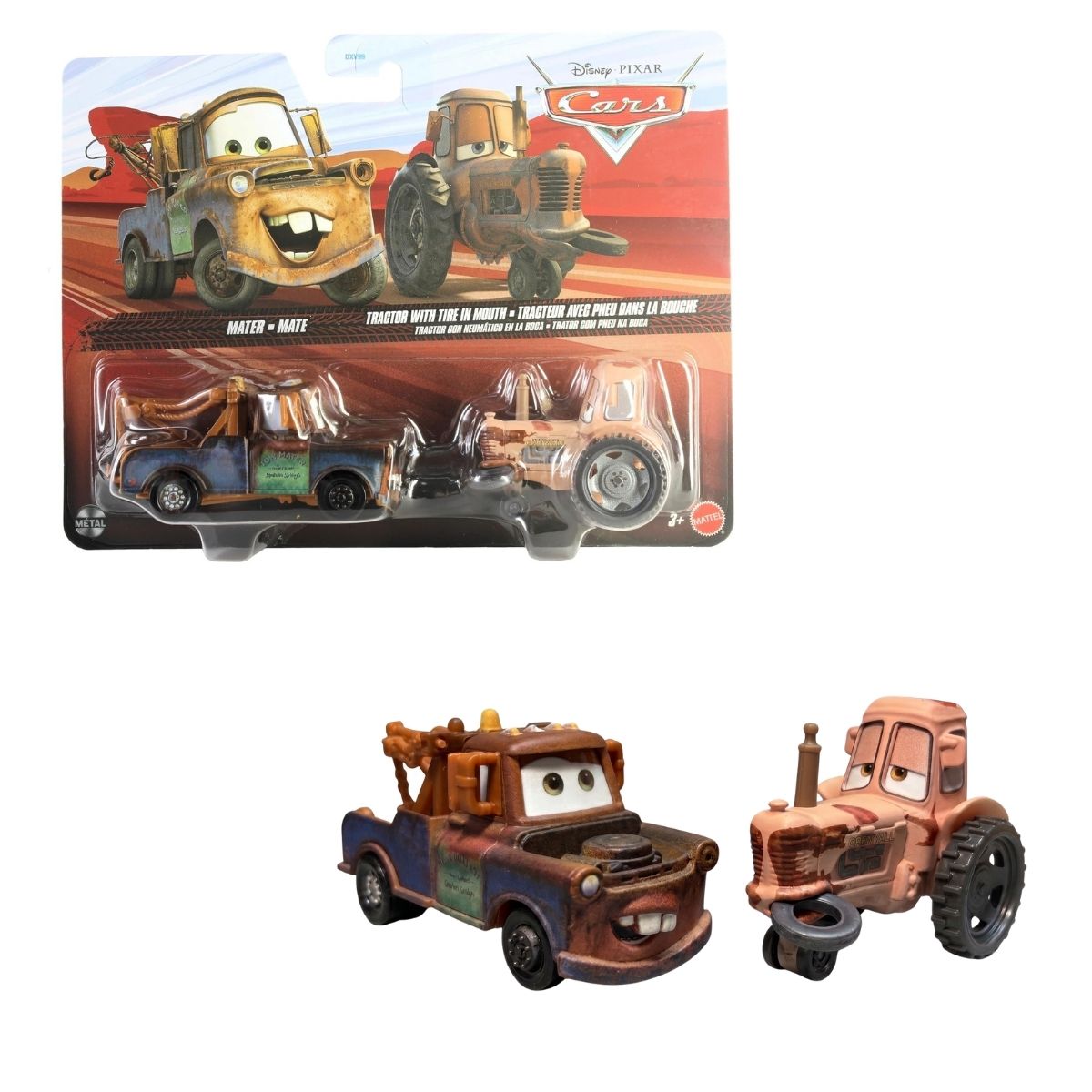 Disney Pixar Cars 1:55 scale die-cast 2-pack featuring Mater and Tractor with tire in mouth in packaging and unboxed.
