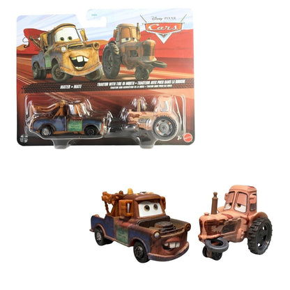 Disney Pixar Cars 1:55 scale die-cast 2-pack featuring Mater and Tractor with tire in mouth in packaging and unboxed.