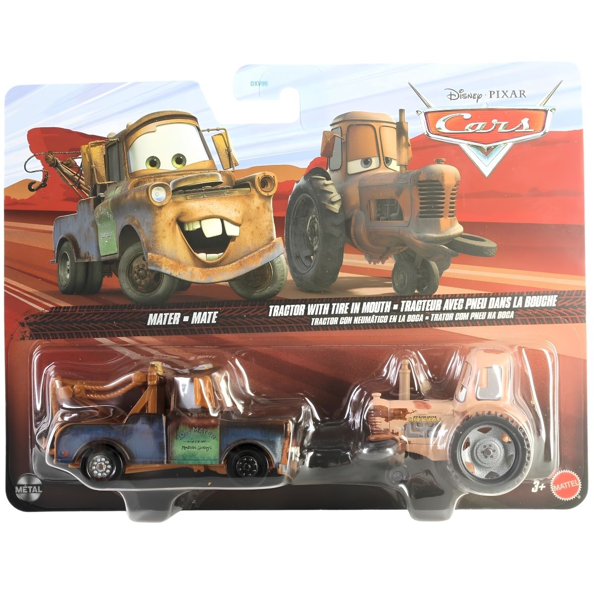 Front view thumbnail of Mattel blister card packaging for Disney Pixar Cars Mater and Tractor 2-pack.