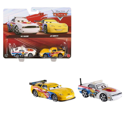 Disney Pixar Cars 1:55 scale die-cast 2-pack featuring Pat Traxson and Jeff Gorvette in packaging and unboxed.