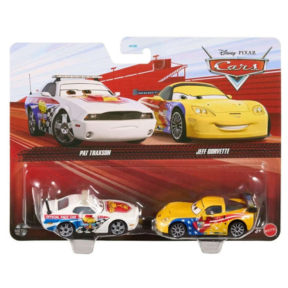 Front view thumbnail of Mattel blister card packaging for Disney Pixar Cars Pat Traxson and Jeff Gorvette 2-pack.