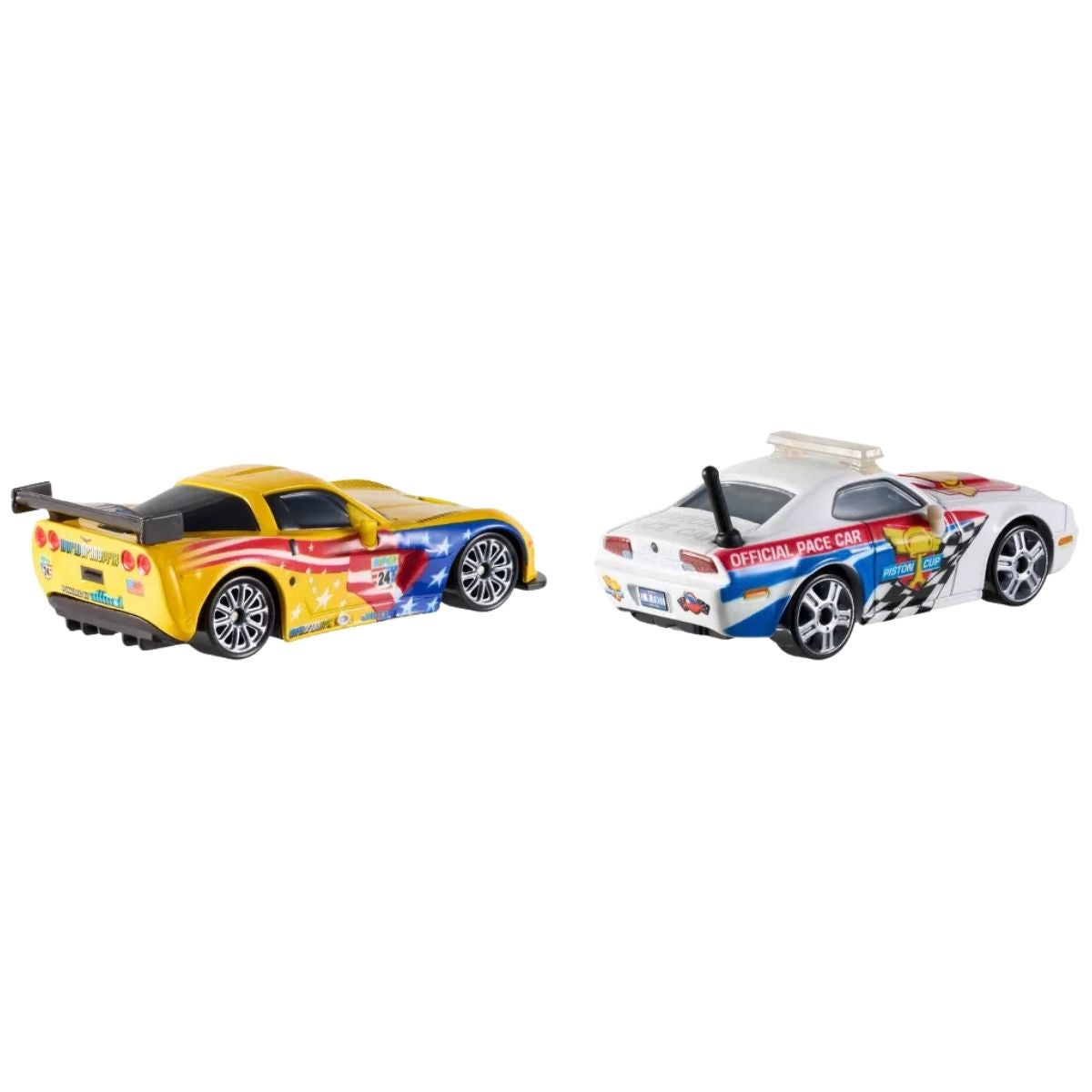 Left side profile thumbnail displaying yellow Jeff Gorvette and white Pat Traxson die-cast vehicles.