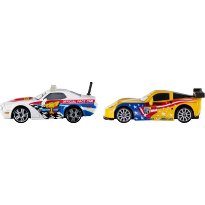Right side profile thumbnail of 1:55 scale die-cast white Pat Traxson and yellow Jeff Gorvette cars.