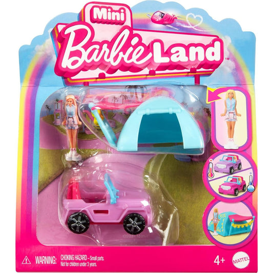 Barbie Mini BarbieLand 1.5" Inch Doll with Color-Changing Jeep & Tent Vehicle Set