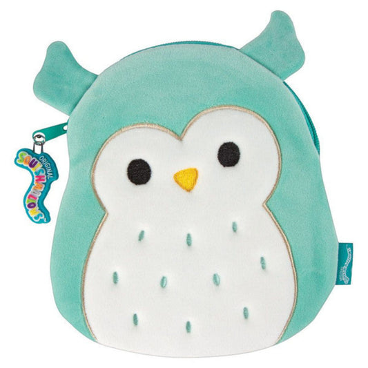Teal owl-shaped plush toy with a white face and black eyes on a white background
