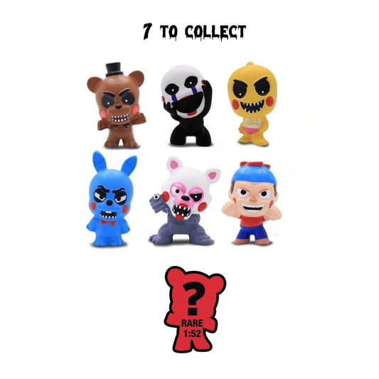 Lineup of 7 collectible Five Nights at Freddy's SquishMe figures including Freddy, Puppet, Chica, Bonnie, Mangle, Balloon Boy, and rare chase figure.