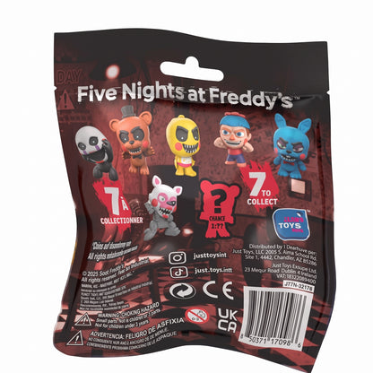 Back of the Five Nights at Freddy's SquishMe mystery foil blind bag packaging.