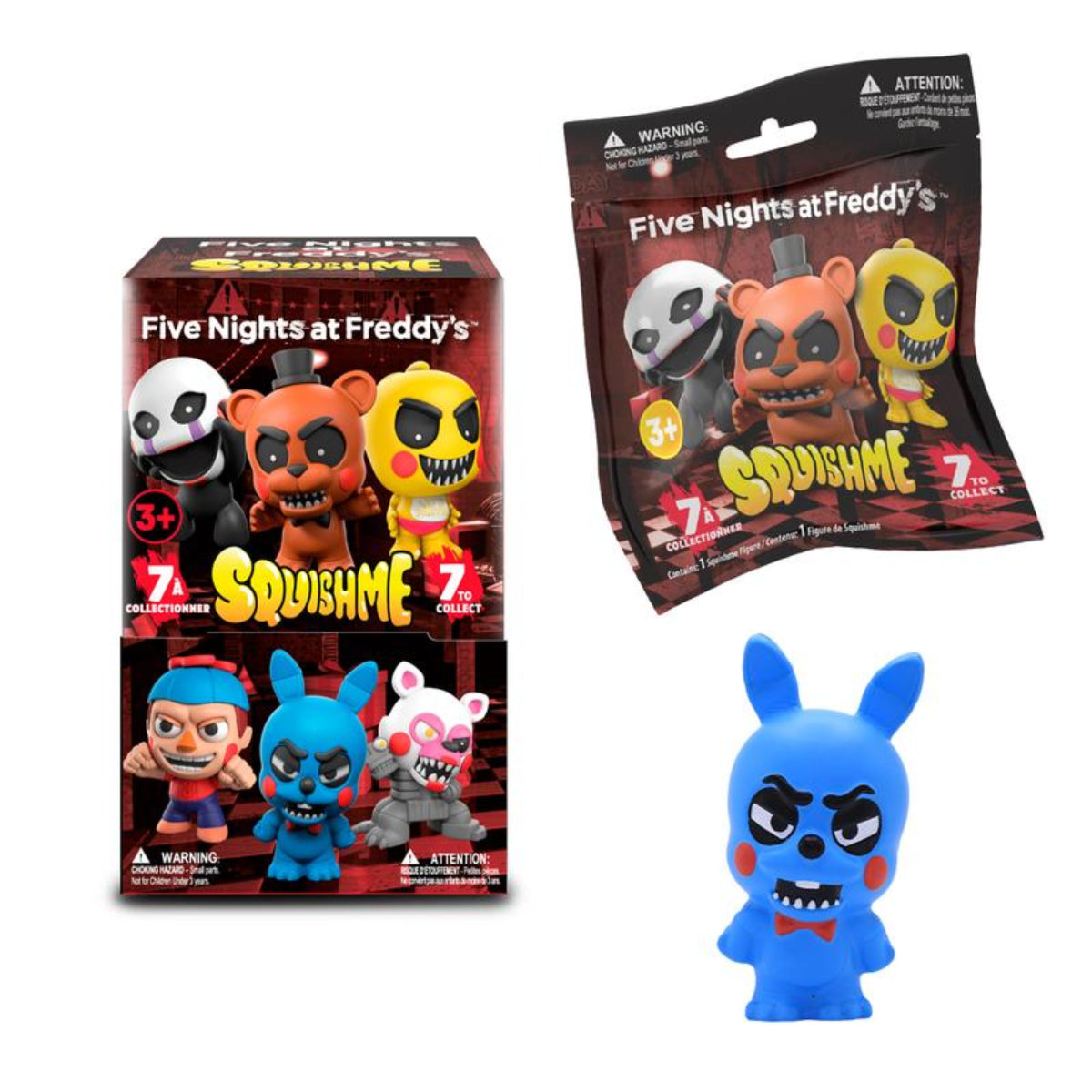Five Nights at Freddy’s 3.5-inch SquishMe mystery figure blind bag with retail display box and blue Bonnie squishy figure.