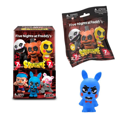 Five Nights at Freddy’s 3.5-inch SquishMe mystery figure blind bag with retail display box and blue Bonnie squishy figure.