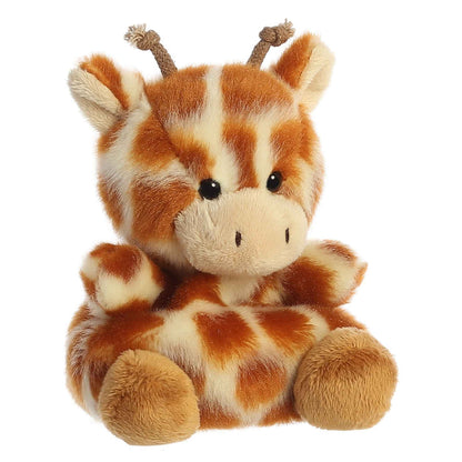 Plush giraffe toy with brown and white pattern on a white background