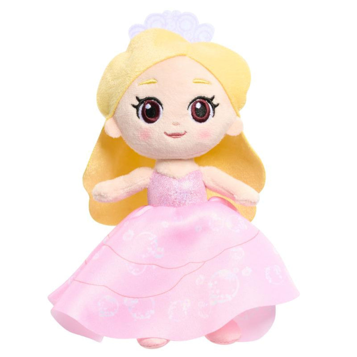 Plush toy of a princess character with blonde hair and a pink dress on a white background