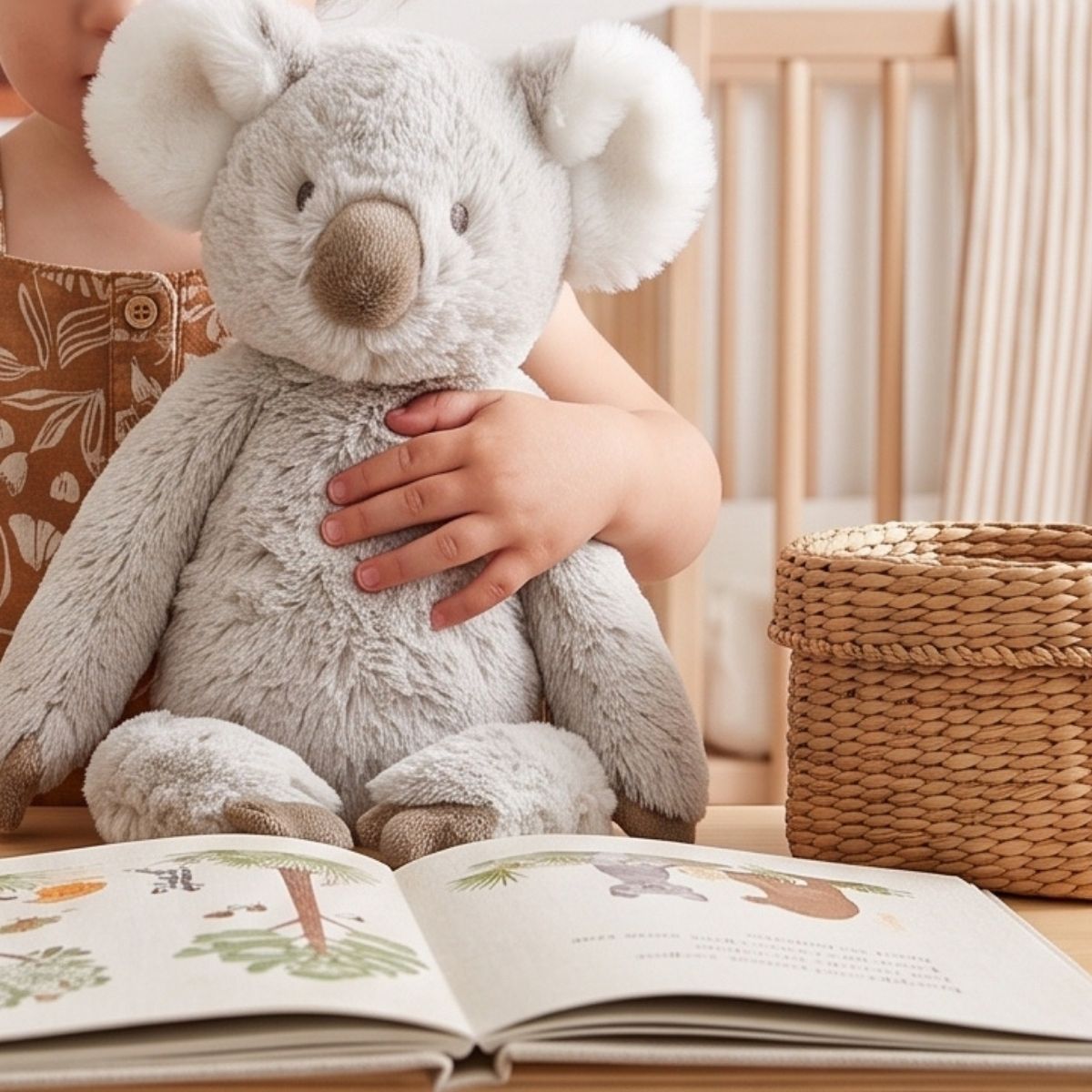 Lifestyle thumbnail showing a child hugging Happy Horse Koala Kanzo plush next to a storybook.